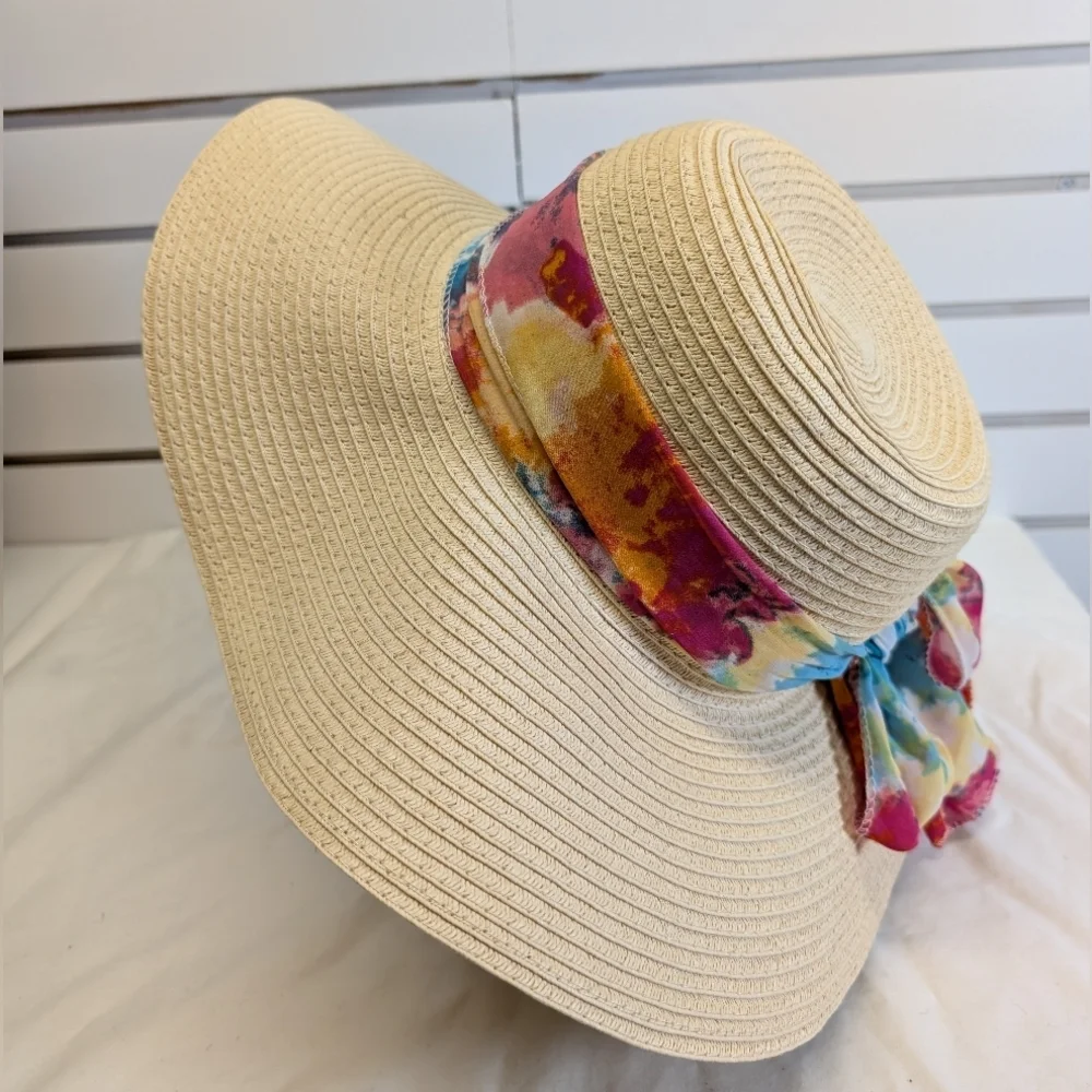 🆕️ ELLEN TRACY Oversized Sun Hat With Scarf Trim NWT